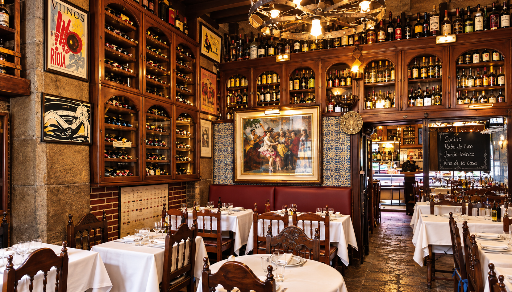 Interior de Bodega Cigaleña con sus estanterías de vino, Santander