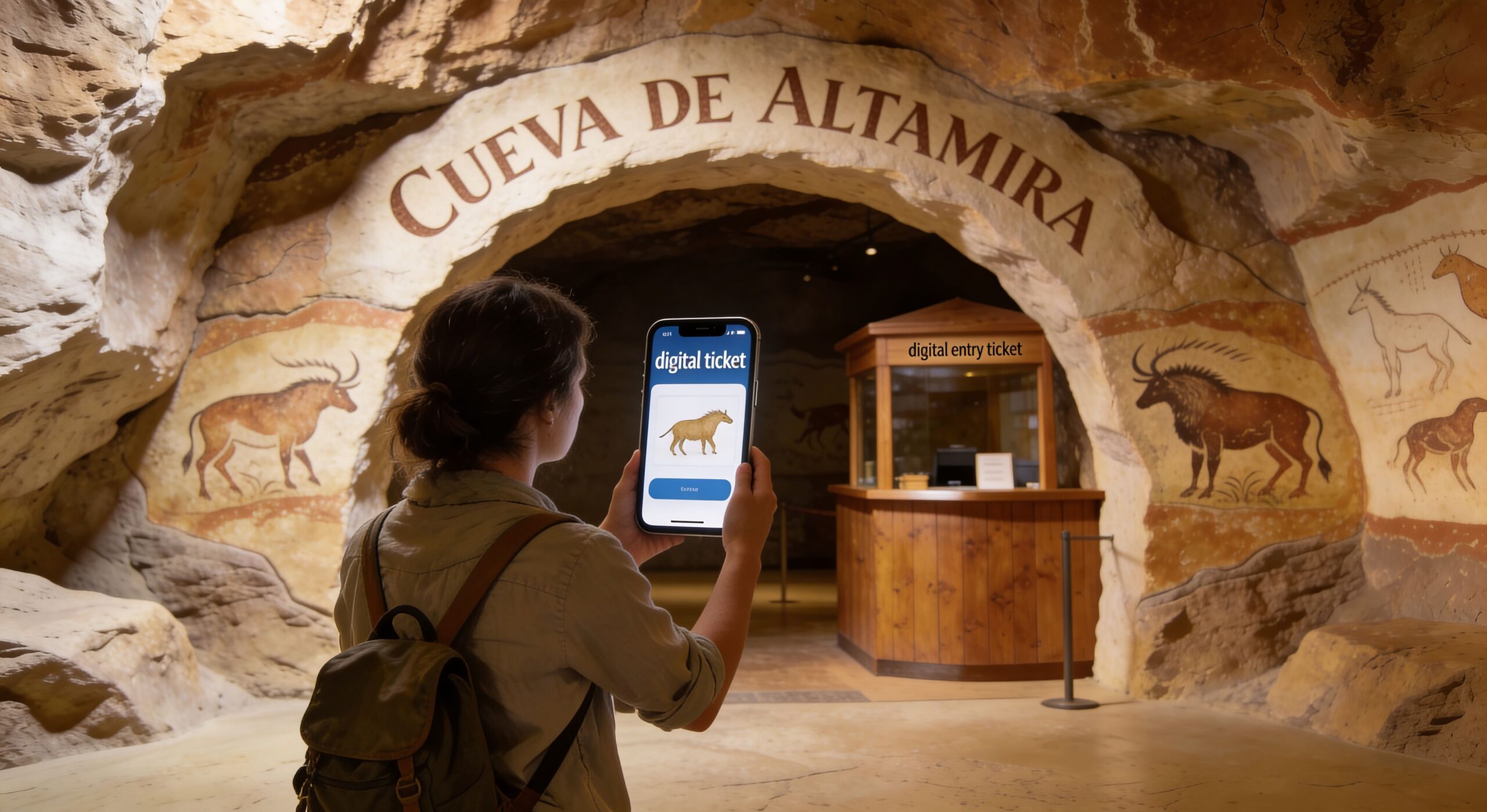 Entrada de la Neocueva de Altamira en Santillana del Mar con visitantes haciendo cola