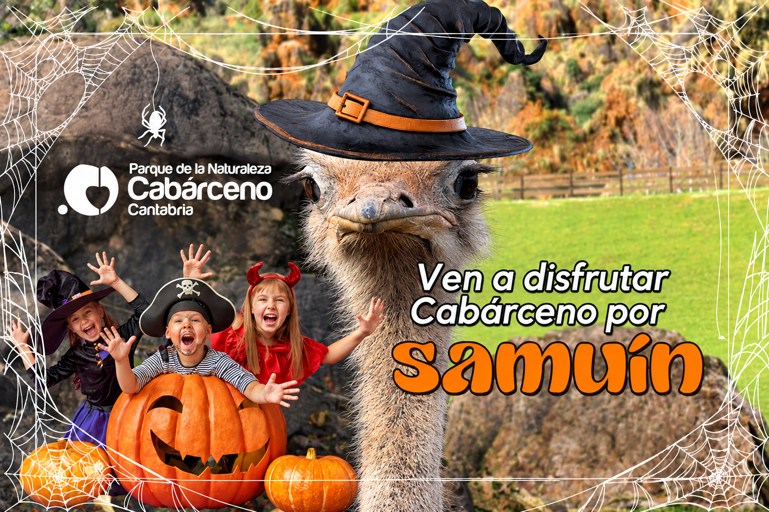 Entrada del Parque de la Naturaleza de Cabárceno de noche, iluminada con calabazas y ambientación de misterio para la fiesta de Samuín