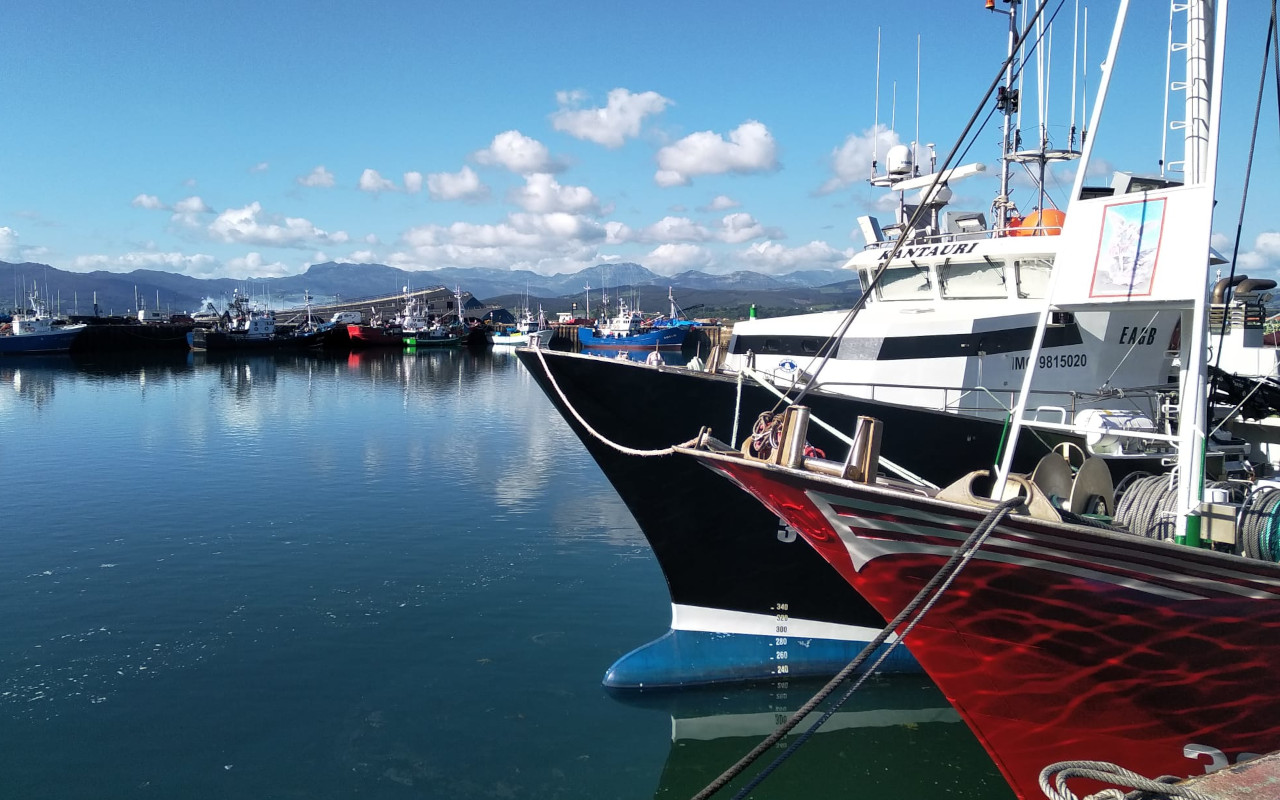 Vista general del puerto y el estuario de Santoña, con barcos pesqueros y la marisma al fondo