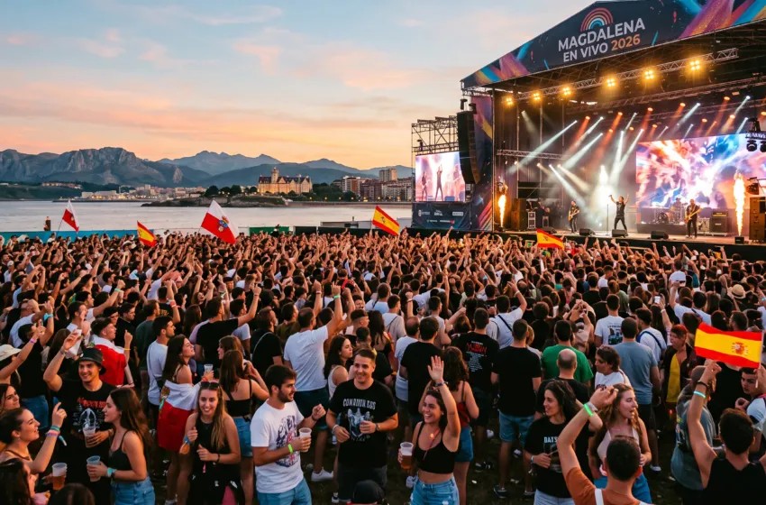 Ambiente de público y escenario de un festival de música al aire libre en Cantabria, luz cálida de tarde de verano