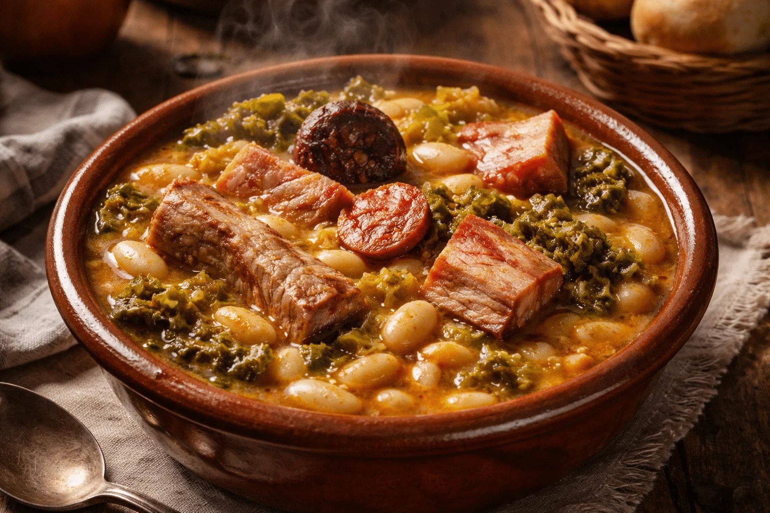 Plato de cocido montañés recién servido, con las alubias, la berza y el compango bien visibles