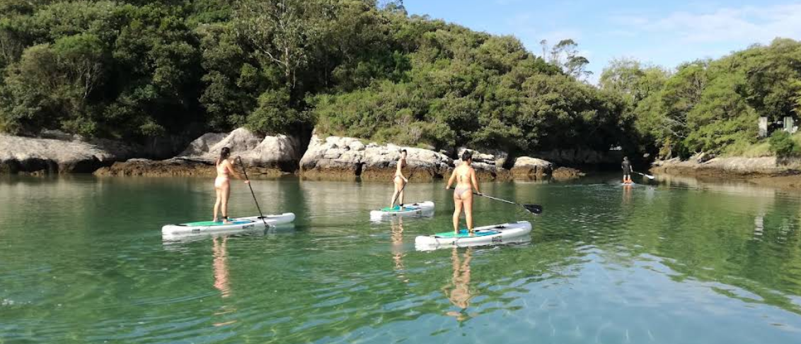 Grupo remando de pie en paddle surf por la ría de Ajo junto a un guía de Sup Isla