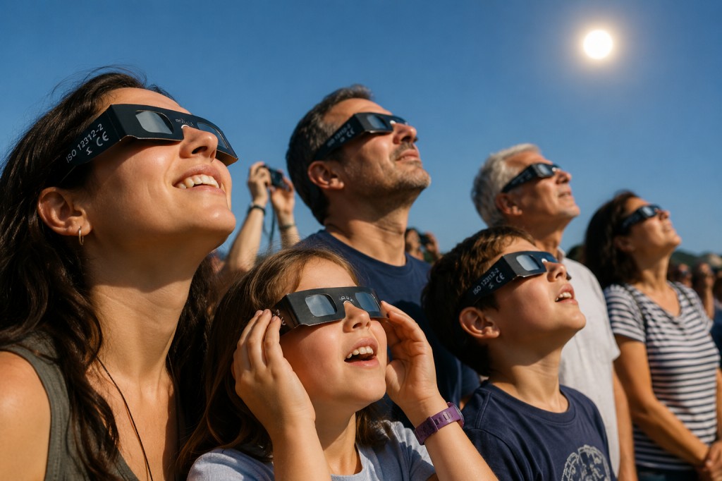 Primer plano de una persona usando gafas homologadas ISO 12312-2 para observar el eclipse solar con seguridad.