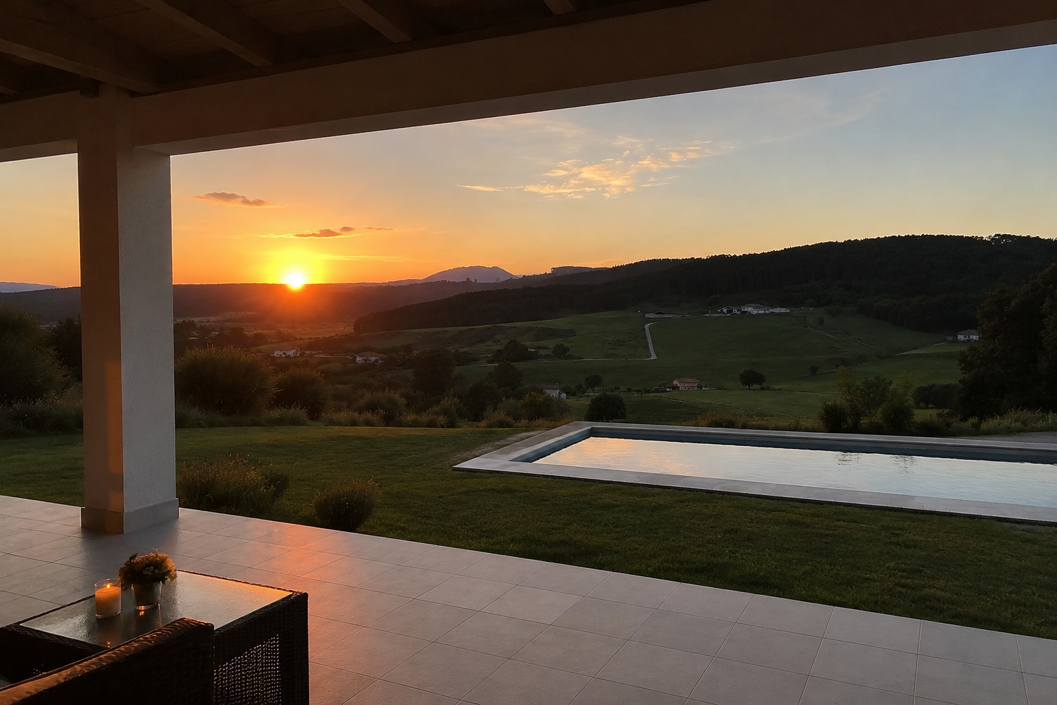 Terraza privada de una villa de Bareyo Residences con vistas al mar, atardecer de verano, sin gente alrededor
