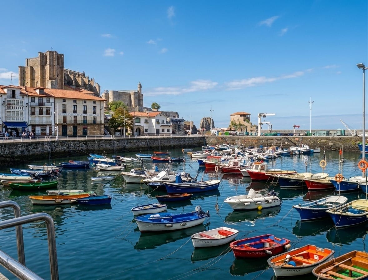 Puerto pesquero de Santoña con barcos de bajura y la iglesia de Santa María del Puerto al fondo