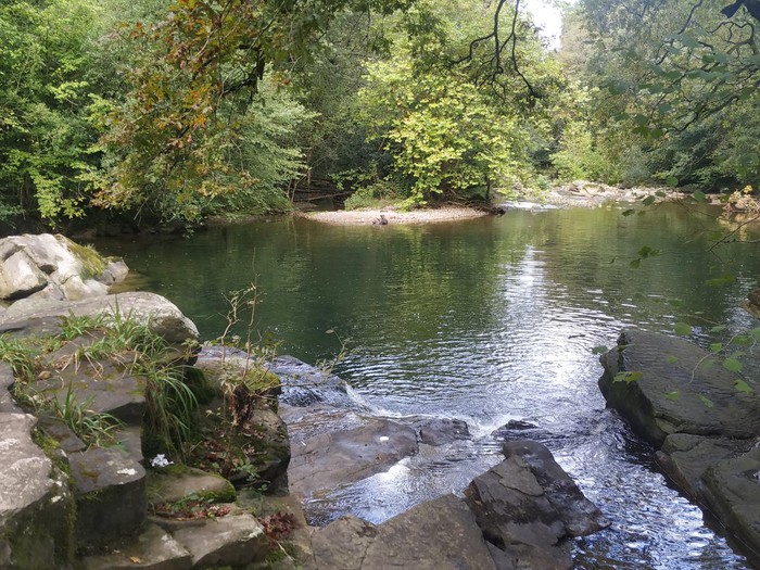 Poza de agua clara entre cantos rodados en el río Miera, cerca de San Roque de Riomiera, con prados verdes alrededor