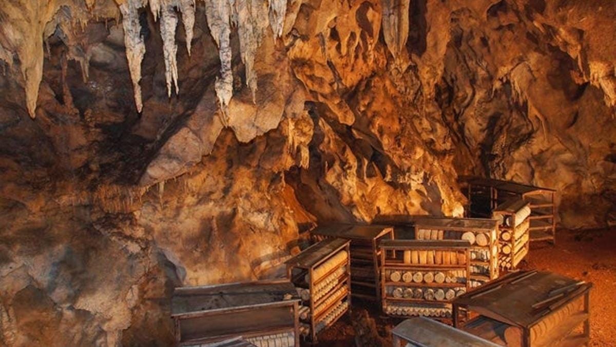 Interior de una cueva natural de maduración de queso en los Picos de Europa, con cuñas de queso reposando en estanterías de piedra
