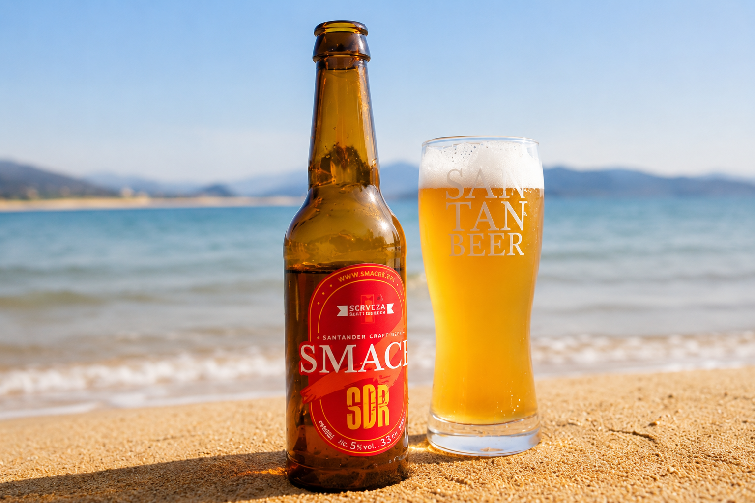 Barra de grifos de cerveza artesana en el taproom de Smach en Santander, gente charlando