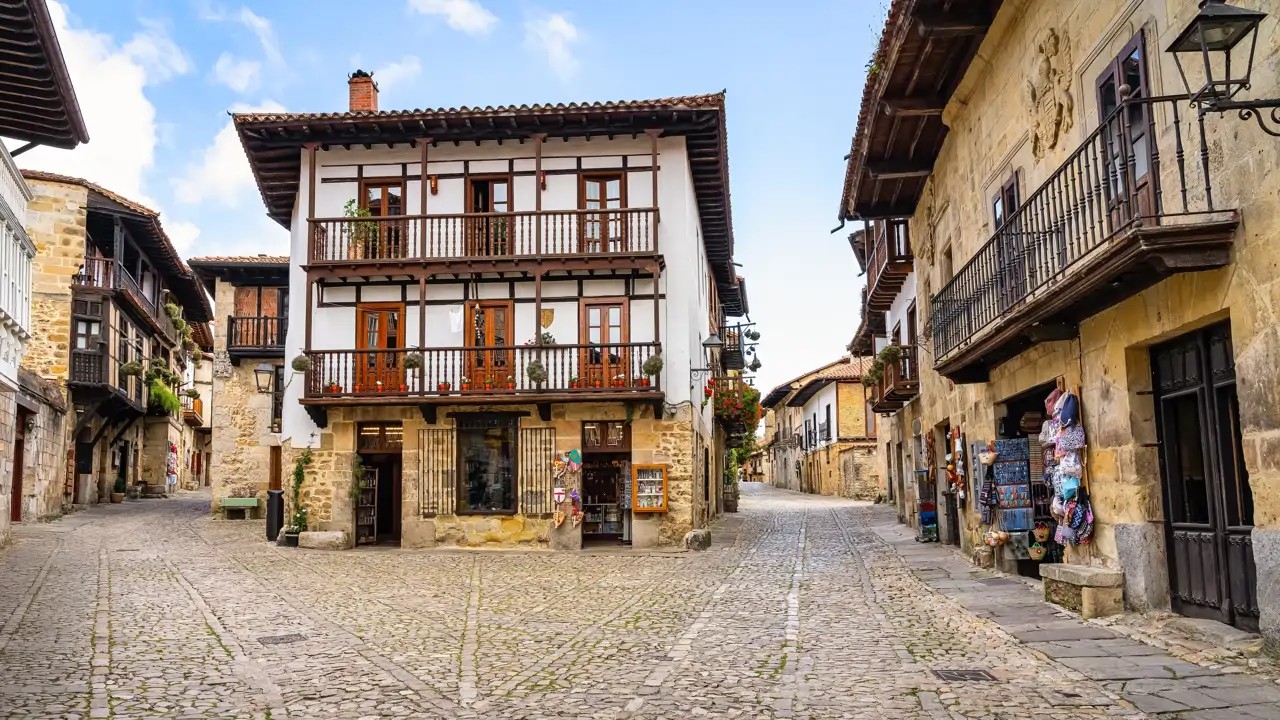 Vista general de una calle empedrada del casco histórico de Santillana del Mar, con casonas de piedra