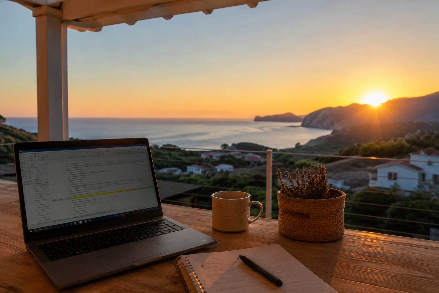Mesa de trabajo con portátil junto a una ventana con vistas al mar, luz natural de mañana, espacio ordenado y minimalista.