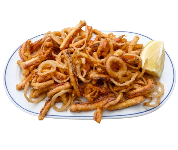 Plato de rabas de Taberna La Prensa con corte grueso de calamar recién frito sobre la mesa