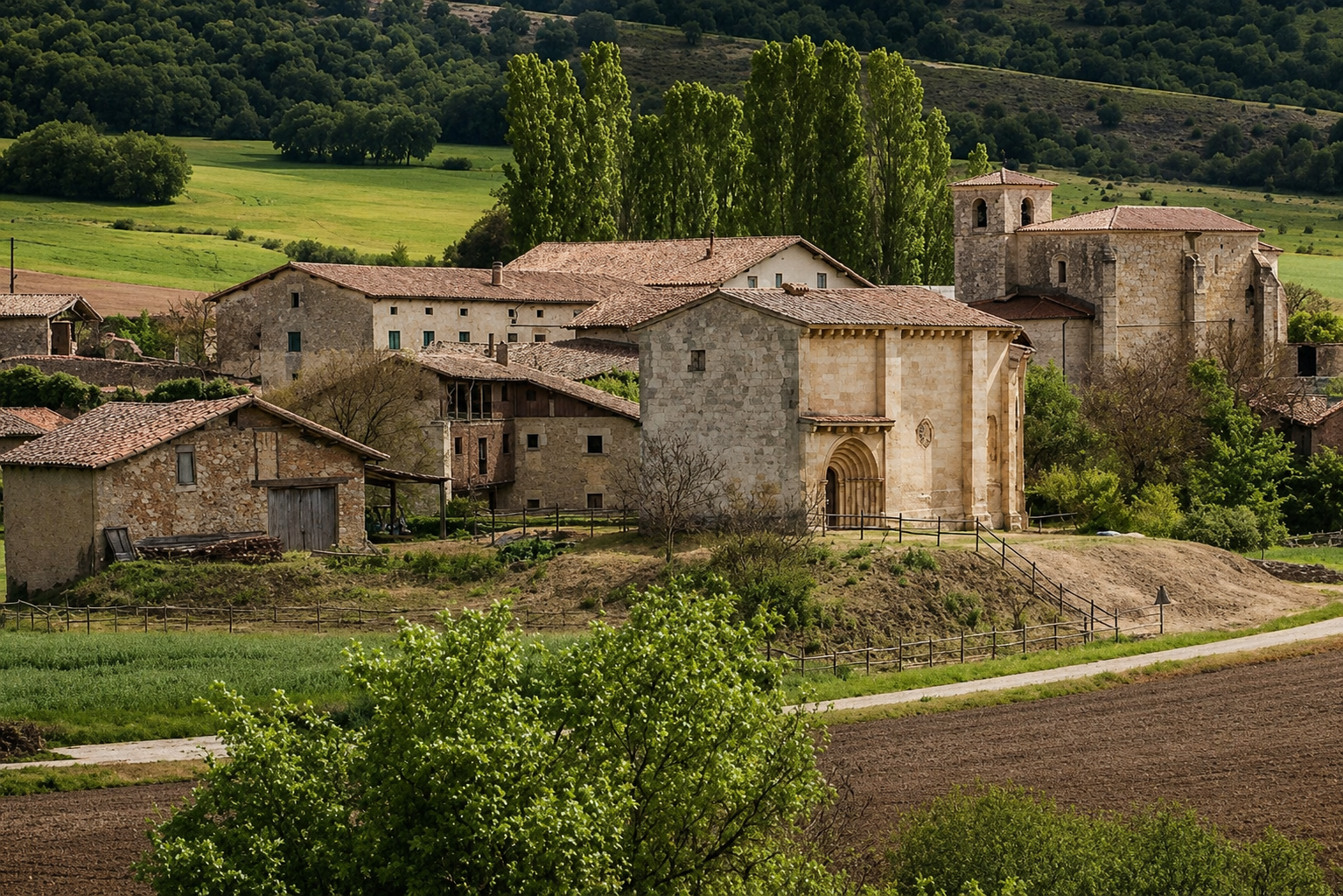 Vista general del barrio de Ajo, en Bareyo, con la ermita de San Pedruco entre casas y campo, día soleado de septiembre