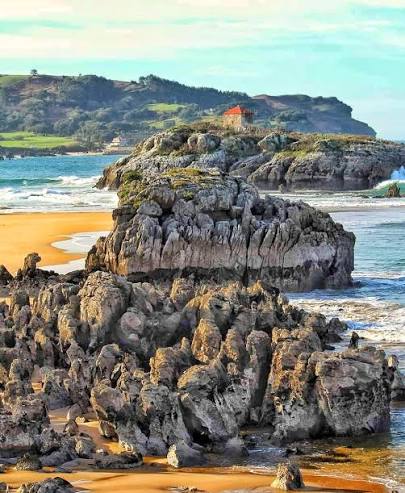 Rocas cubiertas de algas y percebes expuestas en bajamar en la costa cántabra, con el mar al fondo.