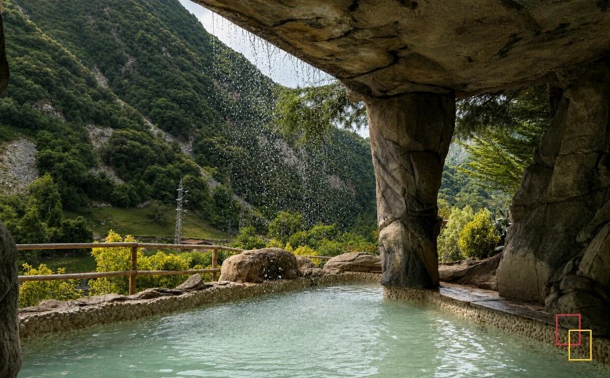 Cueva termal natural del Balneario de La Hermida, paredes de roca del desfiladero y agua humeante, luz tenue nocturna