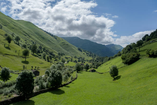 Paisaje de los Valles Pasiegos con prados verdes y cabañas de piedra, luz de mañana.