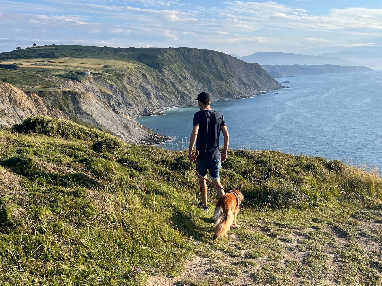 Perro caminando suelto por un sendero costero de tierra entre acantilados, con el mar Cantábrico al fondo (tramo Cuberris-Antuerta).