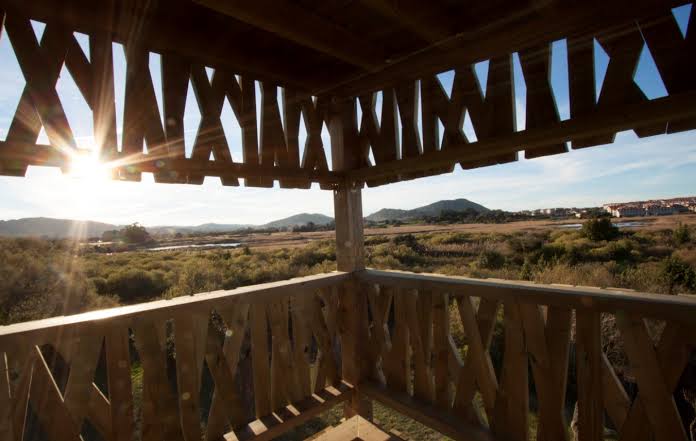 Observatorio de madera del Centro de Interpretación de las Marismas de Santoña con visitantes usando prismáticos