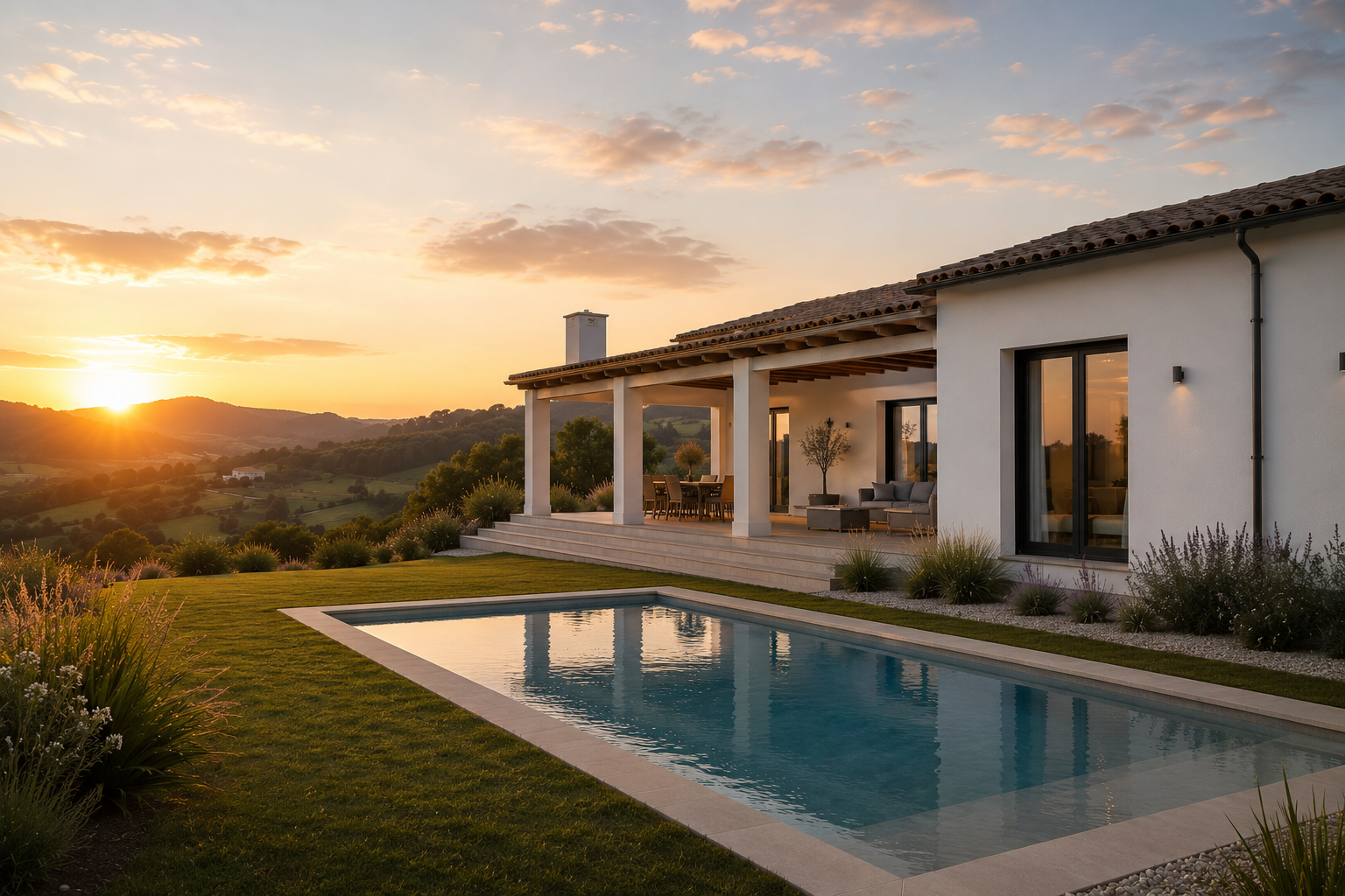 Exterior de una villa de Bareyo Residences con piscina privada, luz de atardecer de septiembre, sin gente alrededor