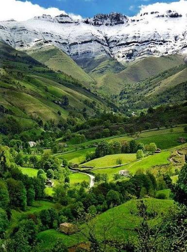 Valle pasiego con robledal en ladera, vista amplia desde un camino rural