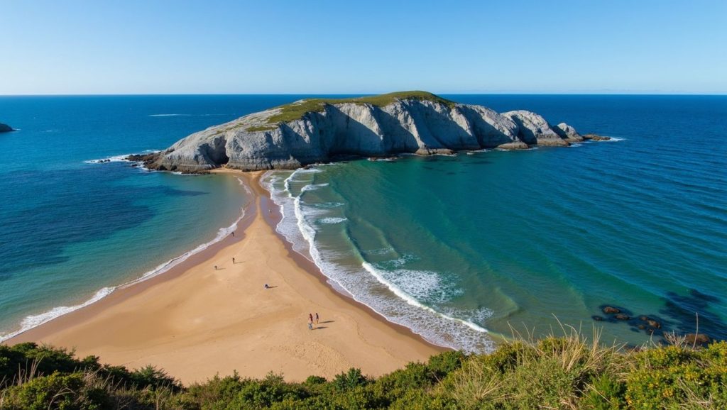 Playa de Covachos en Santa Cruz de Bezana, cala aislada entre acantilados verdes con islote unido por un paso de arena