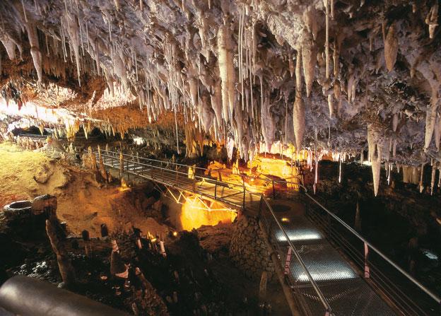 Pasarela interior de la Cueva El Soplao entre formaciones de excéntricas de aragonito iluminadas.