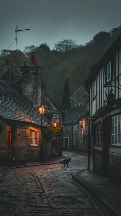 Calle empedrada de un pueblo cántabro de piedra al anochecer, ventanas iluminadas
