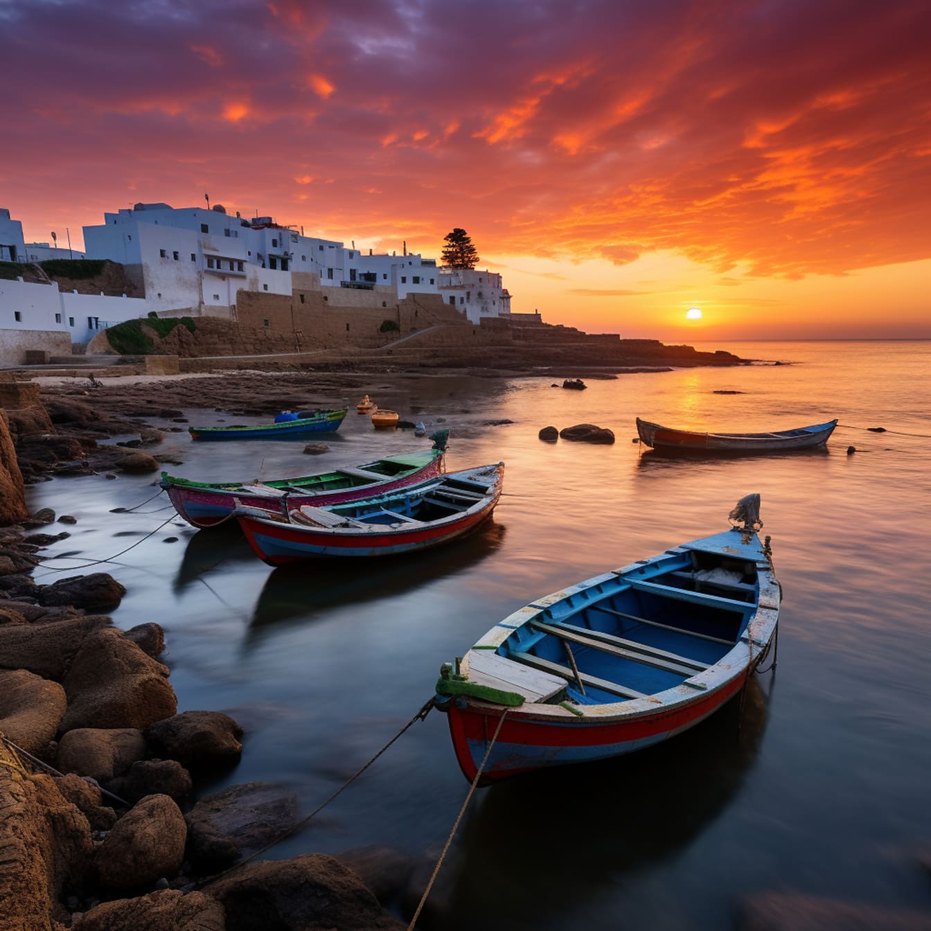 Barcas de pesca tradicionales varadas en un puerto de la costa de Trasmiera al atardecer