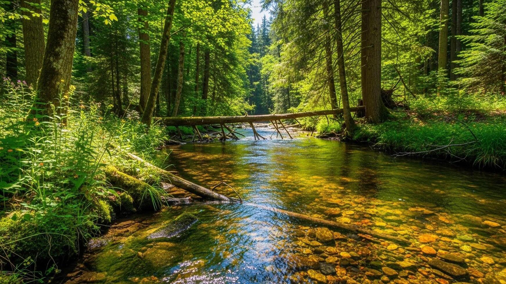 Claro de bosque atlántico en Cantabria con luz filtrada entre árboles, ambiente sereno