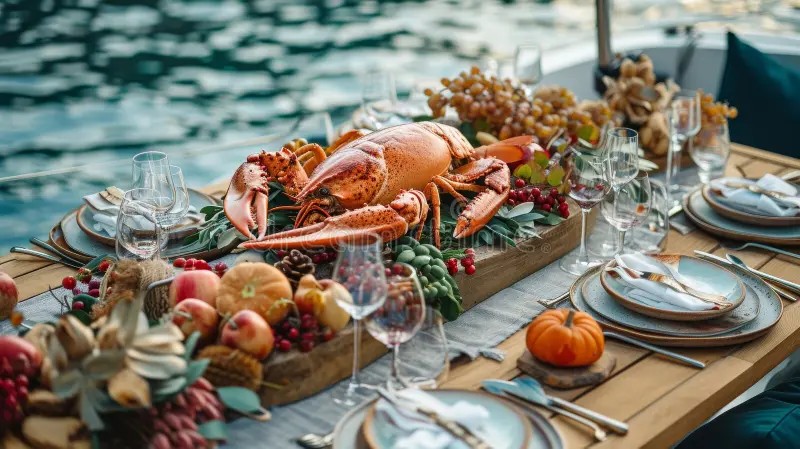 Mesa con bogavante y centollo recién servidos junto a una copa de sidra escanciada